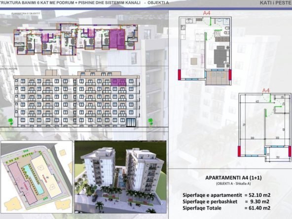Floor plan of 1+1 apartment for sale in Mali i Robit 61 m²