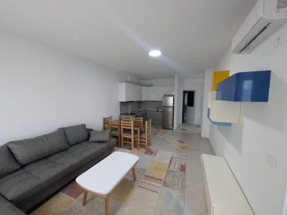 Renovated and refurnished 1+1 apartment for rent on the 9th floor at Vala Park, Durrës, with elevator access.